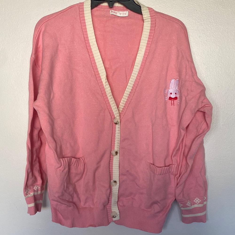 ROMWE Pink Bunny Embroidered V-Neck Cardigan with Cream Trim